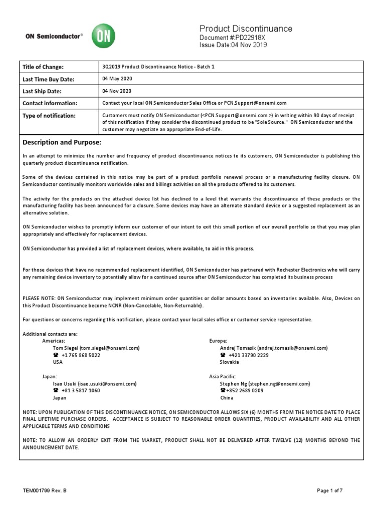 ON Semiconductor Product Discontinuance Notice | PDF | Inventory | Business