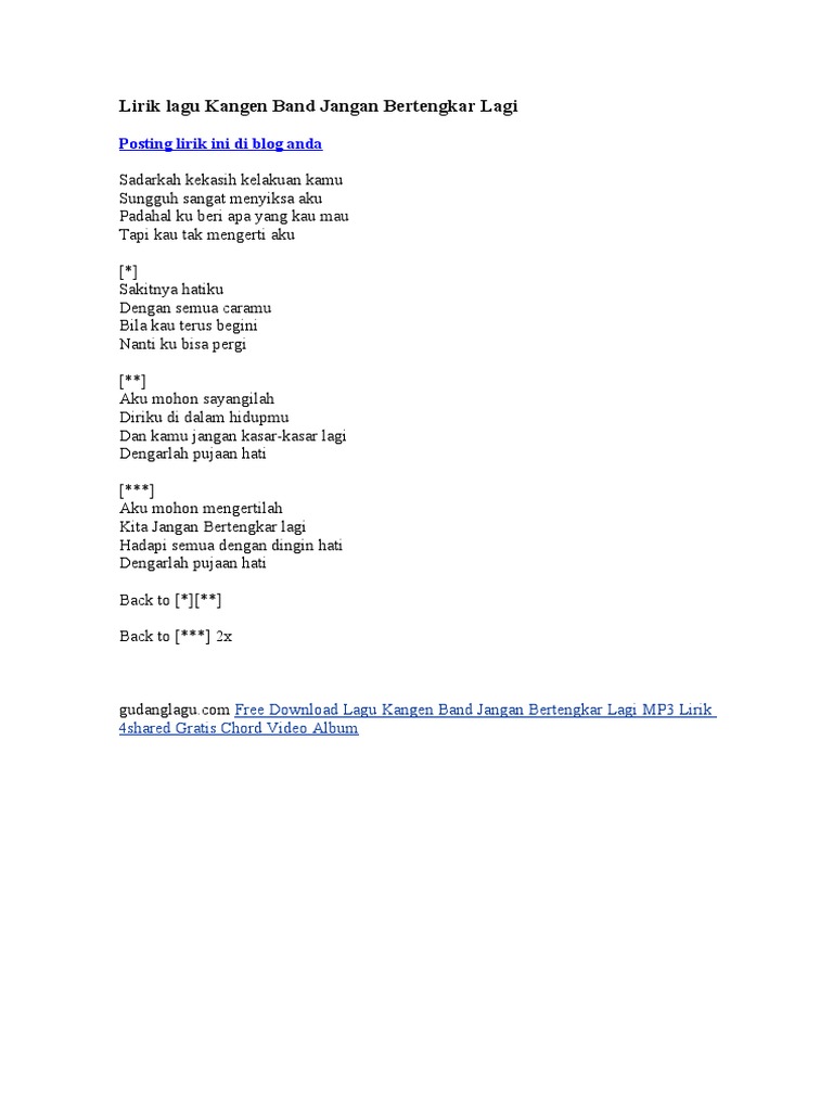 Lirik Lagu Kangen Band Jangan Bertengkar Lagi