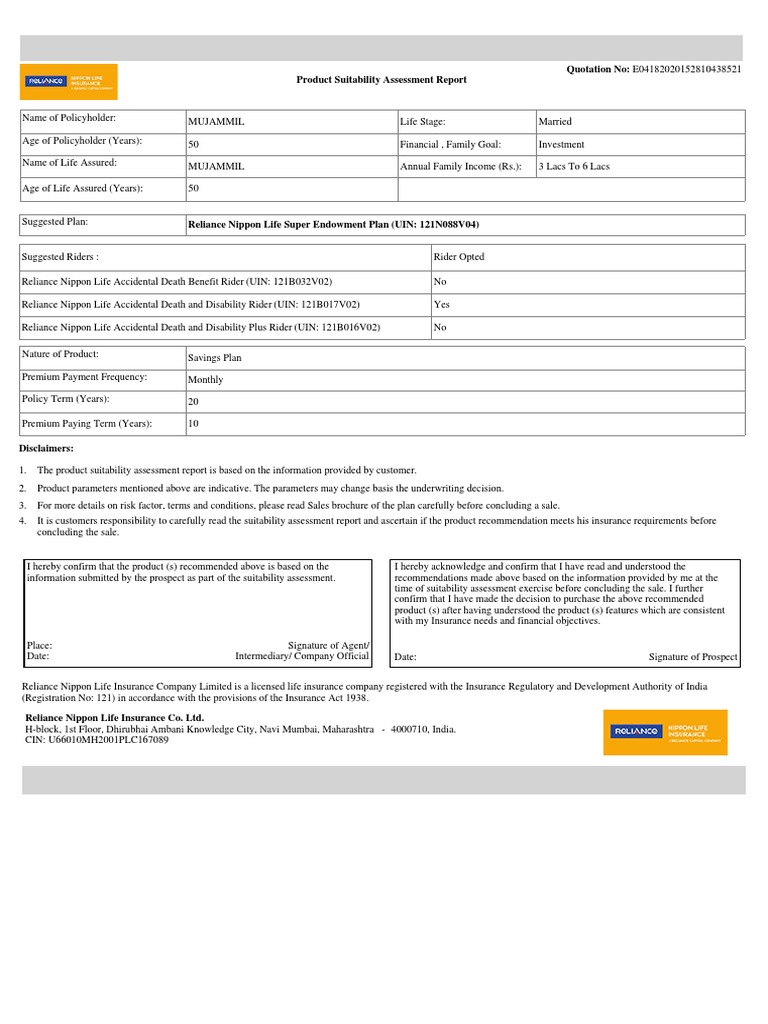 Product Suitability for Reliance Plan | PDF | Life Insurance | Insurance