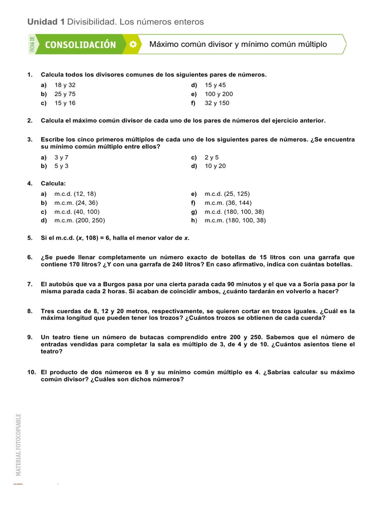 Mínimo Común Múltiplo De 8 Y 5 Cons2 1-1 | PDF | Matemáticas discretas | Aritmética