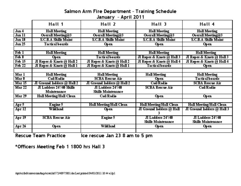 Salmon Arm Fire Dept Training Schedule 2011 | PDF