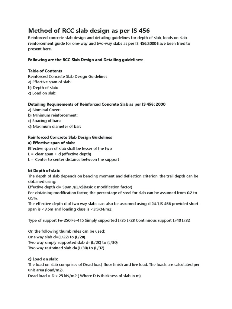 Method of RCC Slab Design As Per Is 456 | PDF | Reinforced Concrete ...