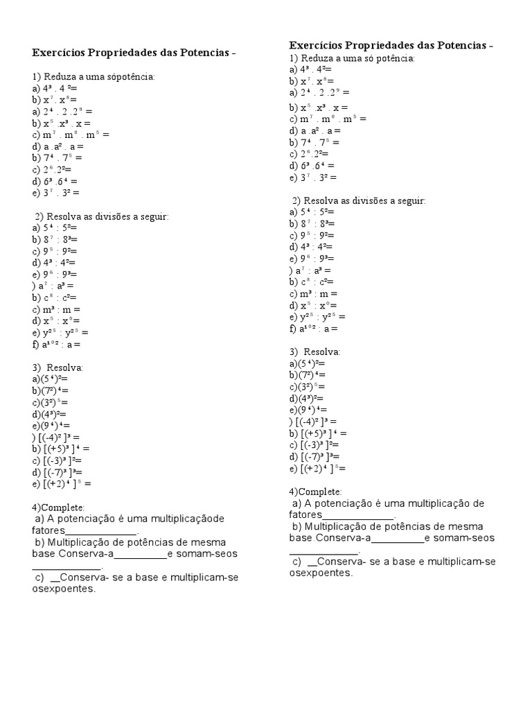Exercícios Propriedades Das Potencias | PDF | Números | Matemática ...