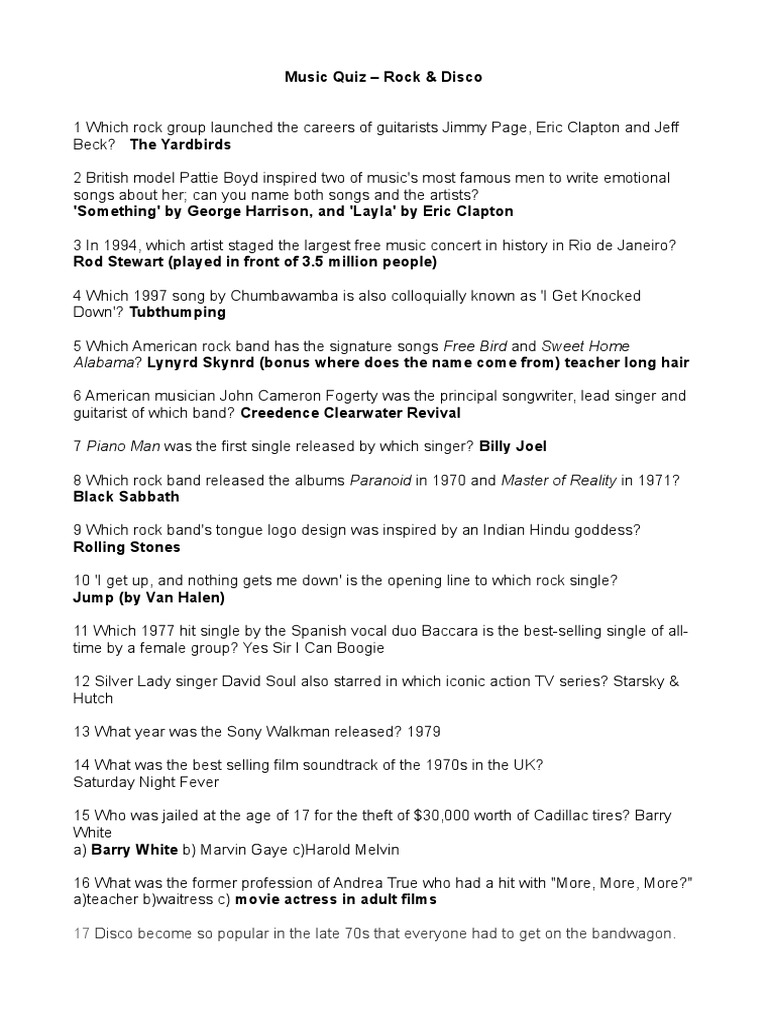 music quiz rock & disco | pdf | classics