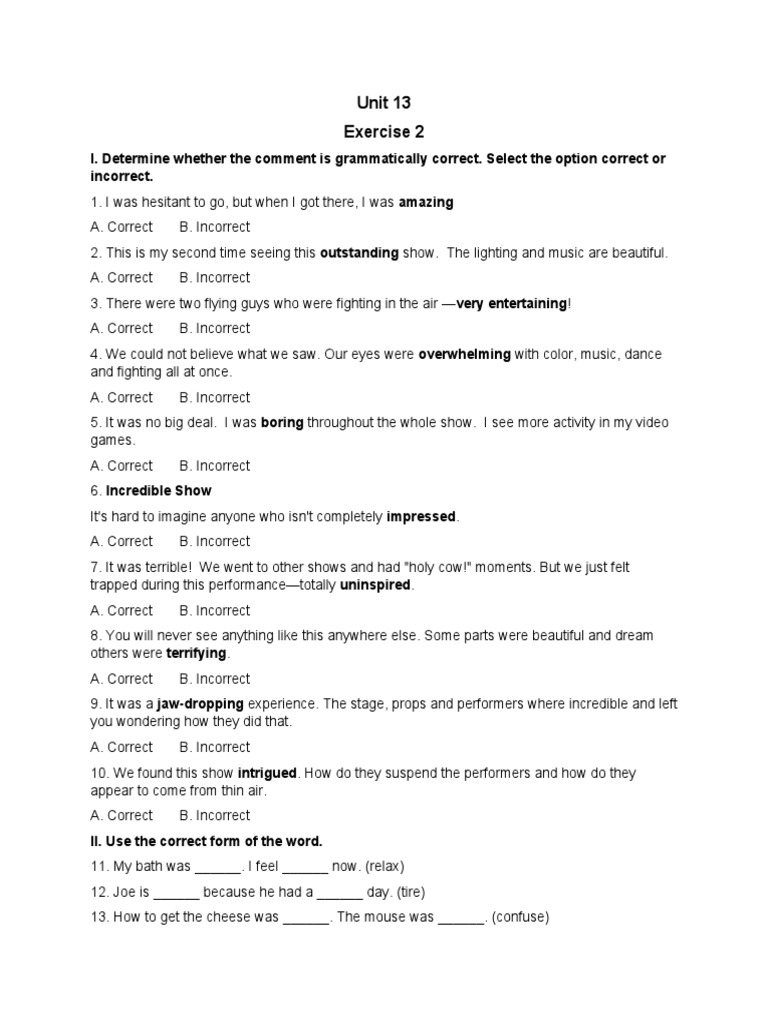 Unit 13 Exercise 2 I. Determine Whether The Comment Is Grammatically