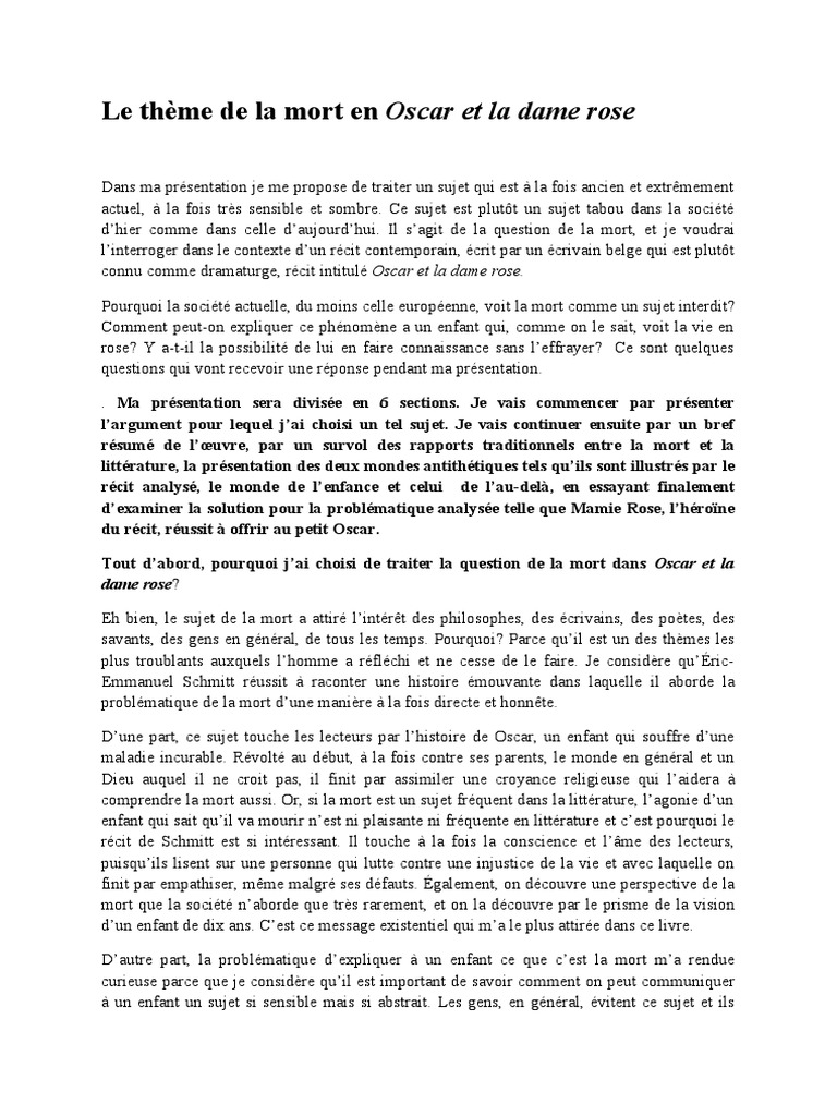 Oscar Et La Dame Rose Fiche De Lecture Pdf OSCAR | PDF | Mort | Amour