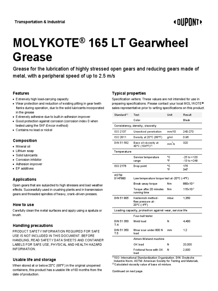 MOLYKOTE 165 LT Gearwheel Grease 710179D01 PDF Lubricant Materials