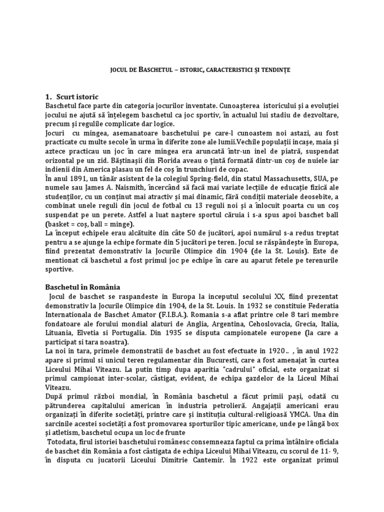 Jocul de Baschet - Istoric, Caracteristici Şi Tendinţe | PDF