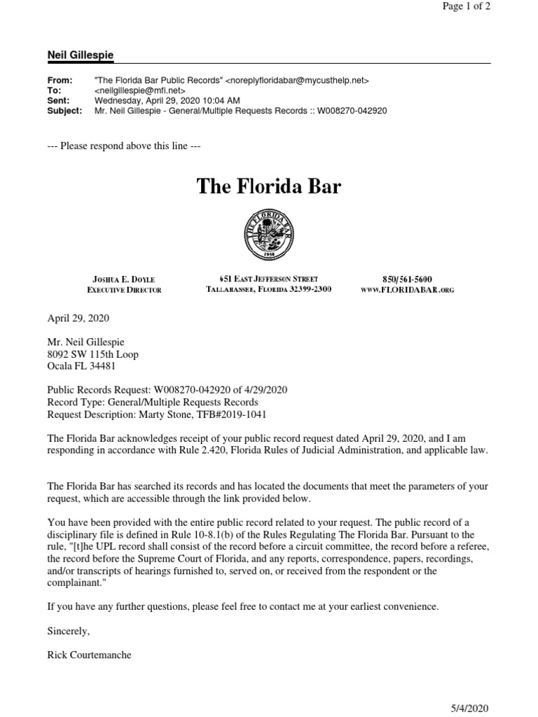 Public Records TFB UPL Investigation Marty Stone 20191041 (17A) McCalla  Raymer Leibert Pierce, PDF, United States Postal Service