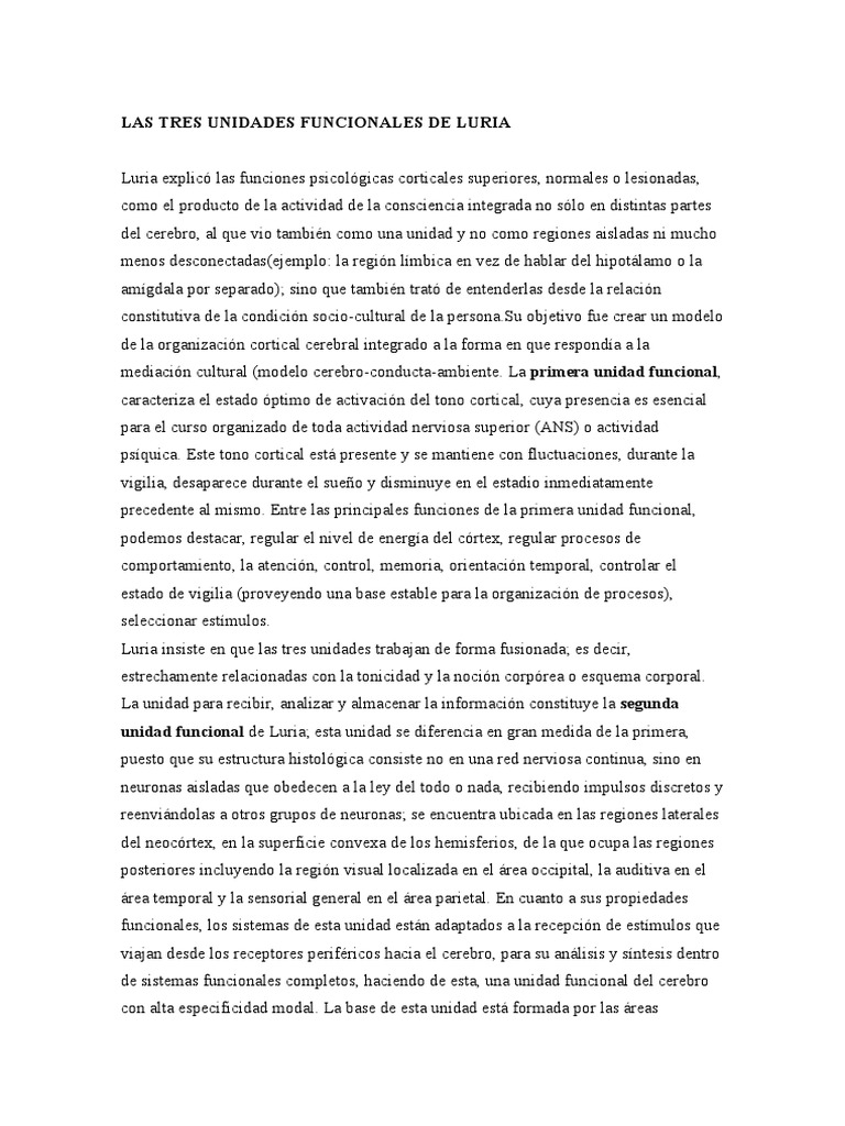 Tres Unidades Funcionales de Luria | PDF | Corteza cerebral | Cerebro