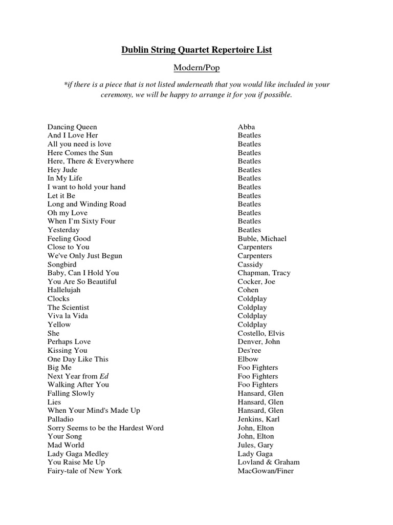 Dublin String Quartet Repertoire List Modern/Pop PDF The Beatles