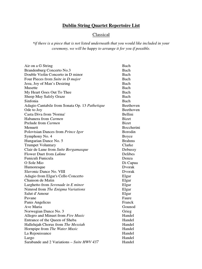 Dublin String Quartet Repertoire List Classical PDF Suite (Music