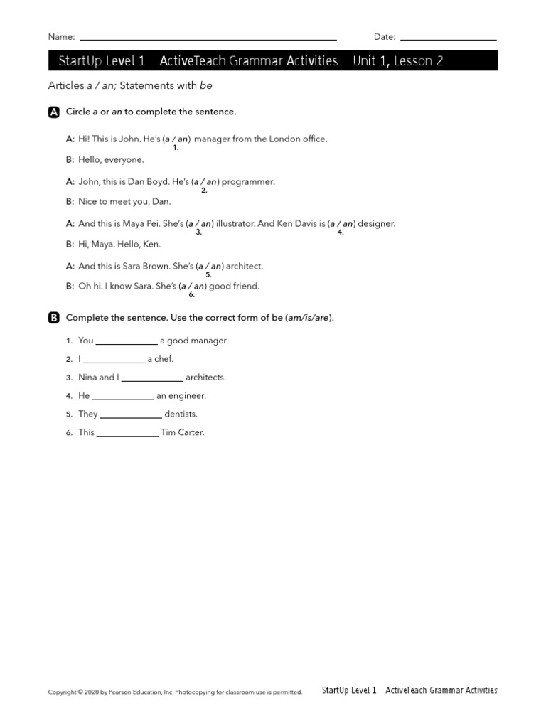 Startup Level 1 Activeteach Grammar Activities Unit 1, Lesson 2 | PDF ...