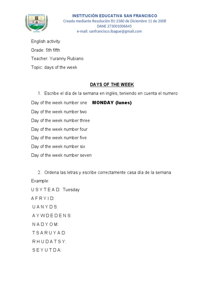 English Activity Grado 5 | PDF | Estudios de idiomas extranjeros