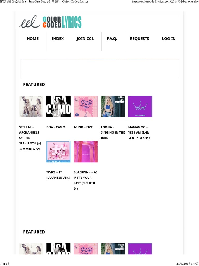 Bts Just One Day Color Coded Lyrics Pdf Dance Music Contemporary Music
