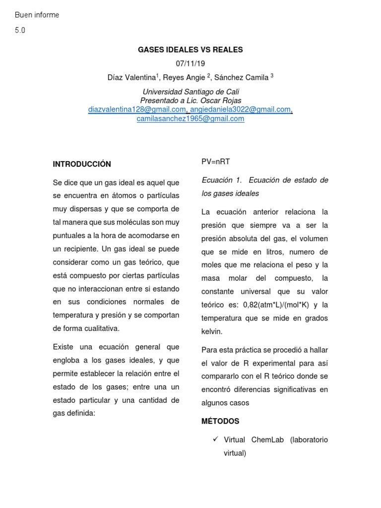 Comparativa de Gases Ideales y Reales | PDF | Gases | Estadísticas ...