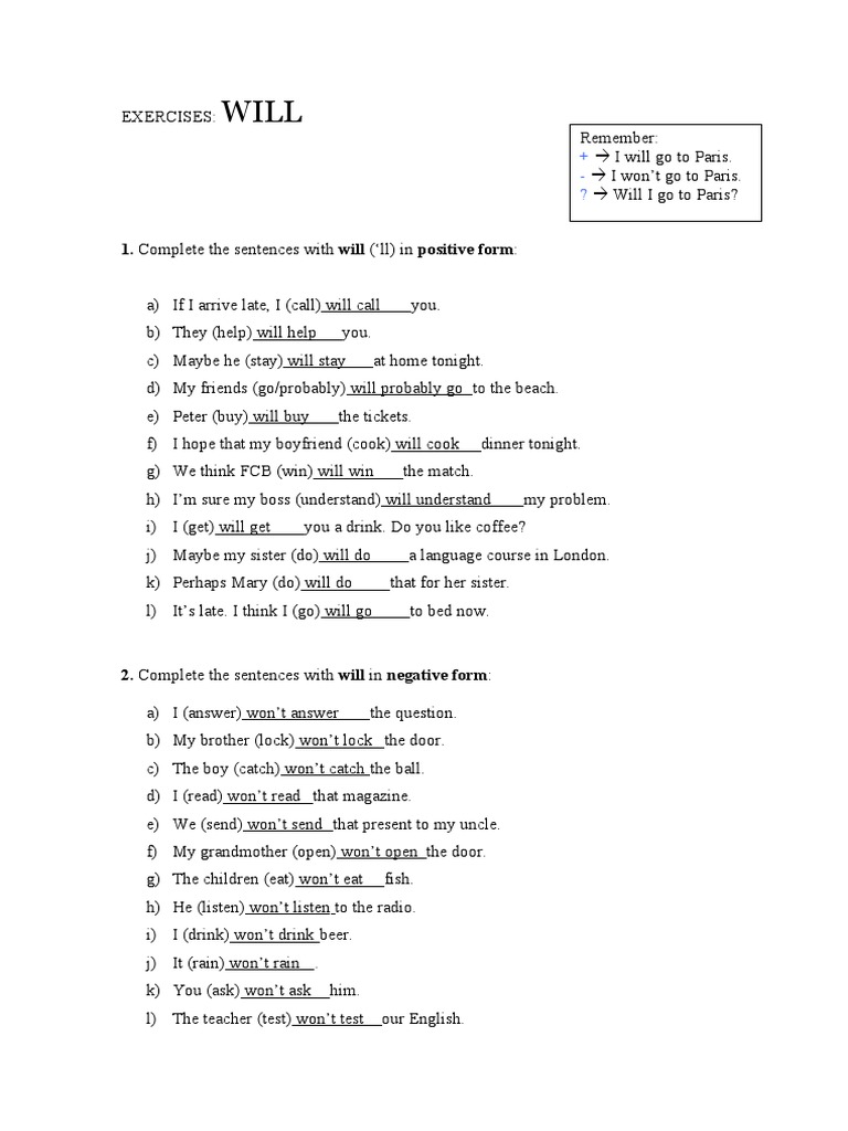 Complete The Sentences With Will ( LL) in Positive Form | PDF