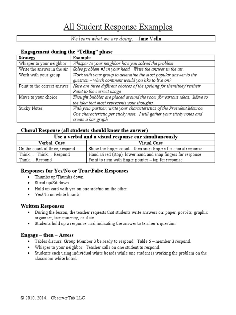 All Student Response Examples PDF