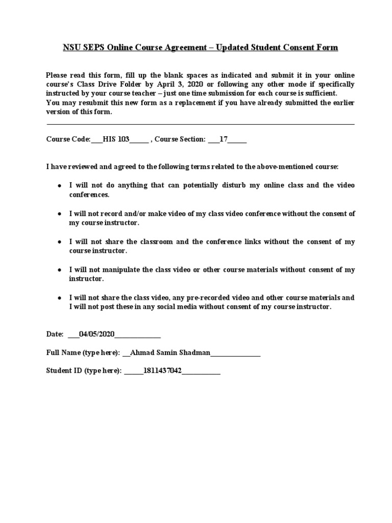 NSU Online Course Consent Form | PDF | Business