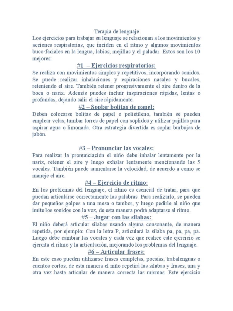 Ejercicios para terapia de lenguaje | PDF | Vocal | Ritmo