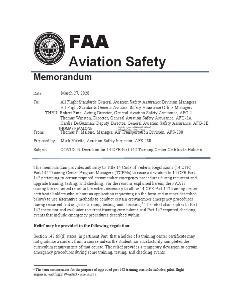 COVID-19 Relief for Part 142 Training | PDF | Federal Aviation ...