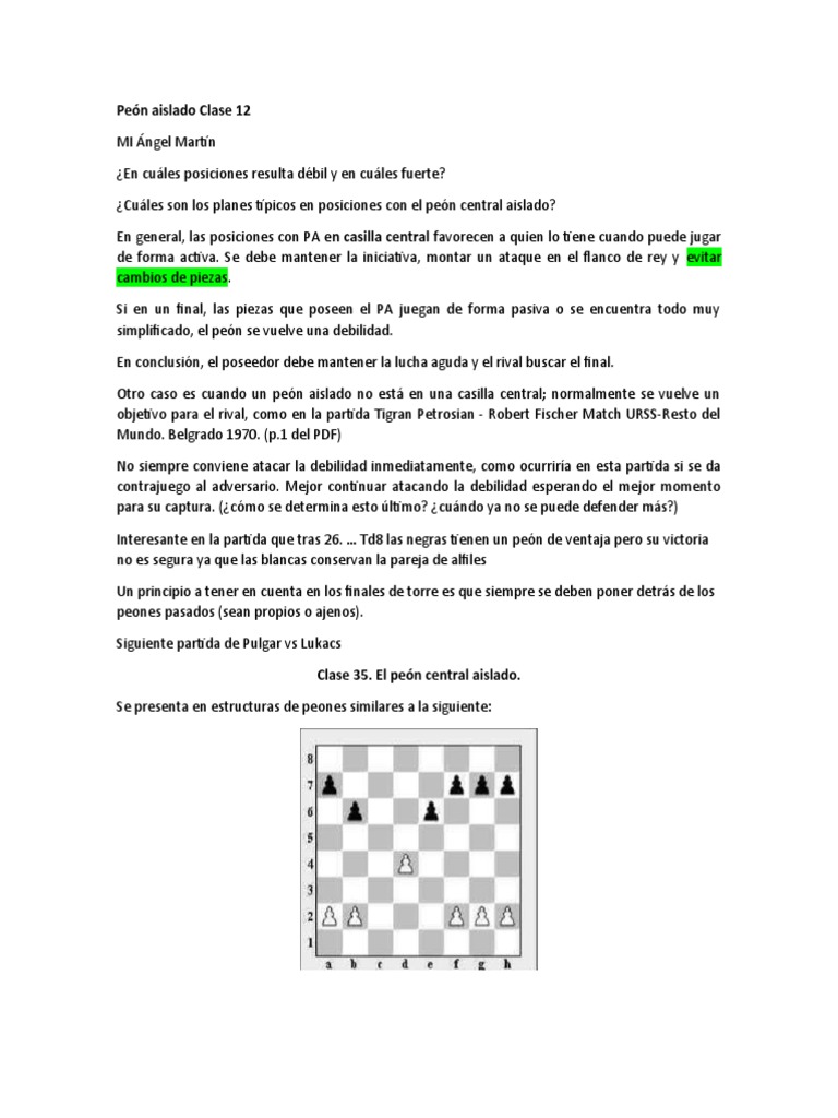 Peón Aislado Clase 12 | PDF | Aperturas de ajedrez | Ajedrez
