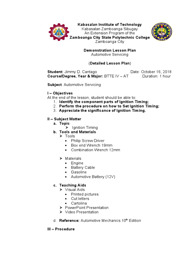 Jimmy Detailed Lesson Plan PDF Ignition System Distributor