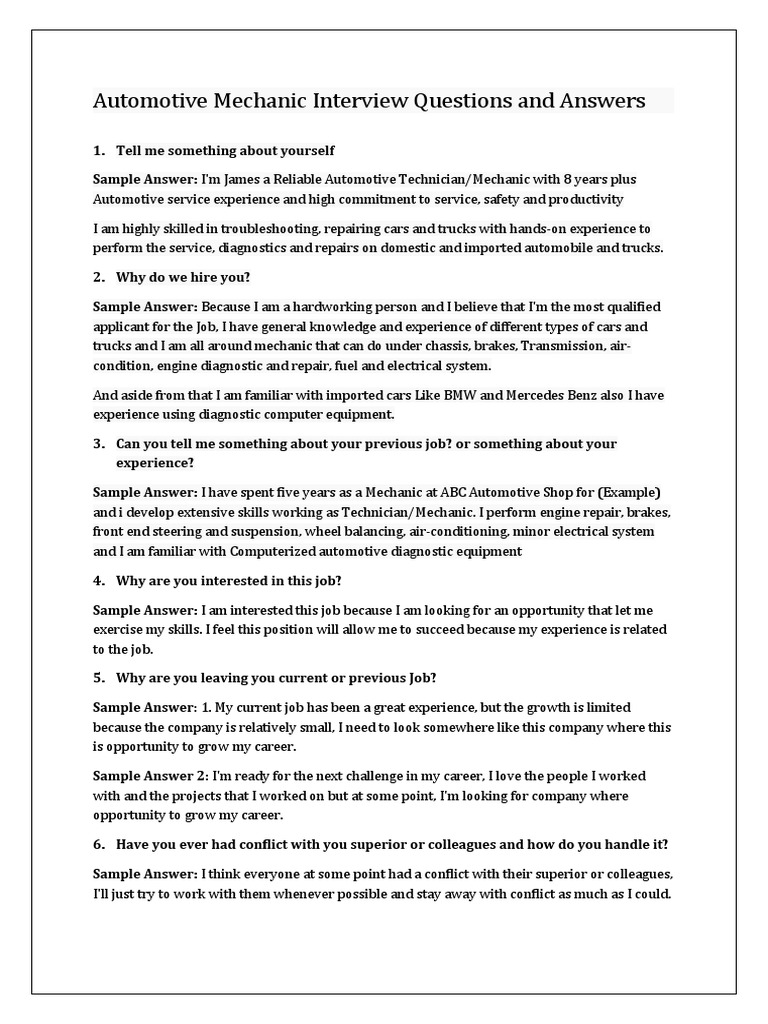 Automotive Mechanic Interview Questions and Answers PDF Diesel