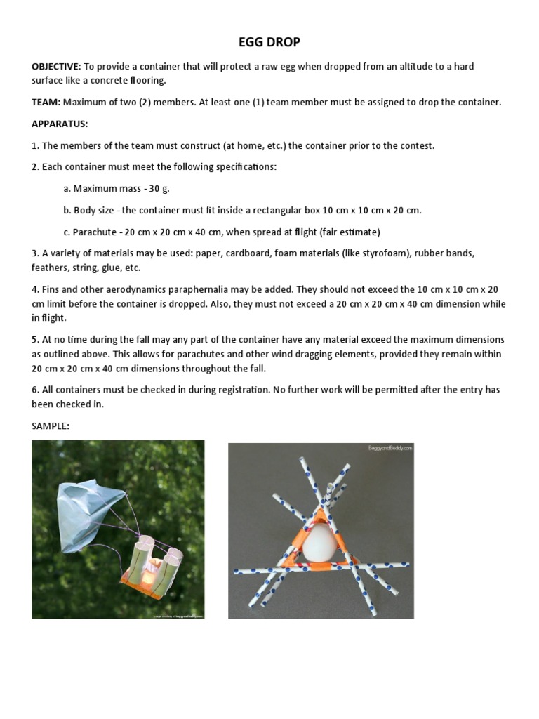 Egg Drop OBJECTIVE To Provide A Container That Will Protect A Raw Egg