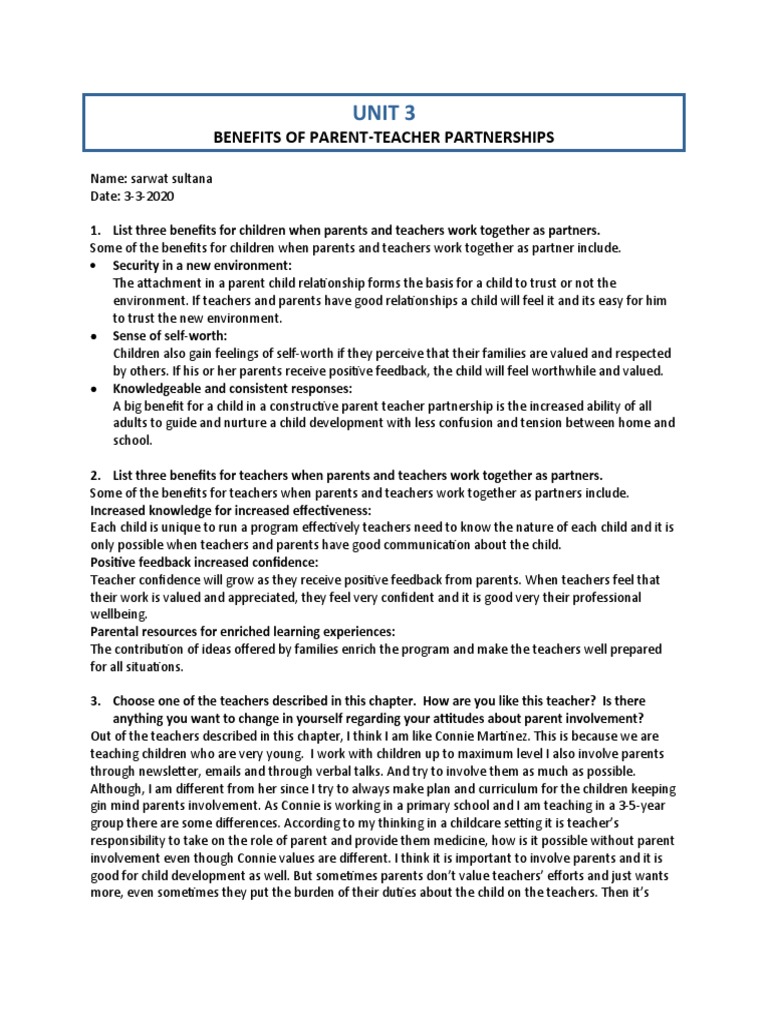 Unit 3 Benefits of ParentTeacher Partnerships PDF Child Care