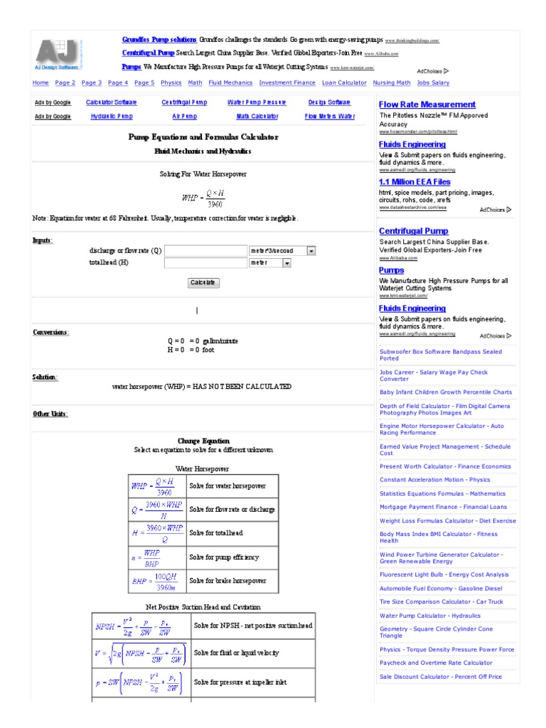 Pump Design Equations Formulas Calculator Water Horsepower PDF PDF