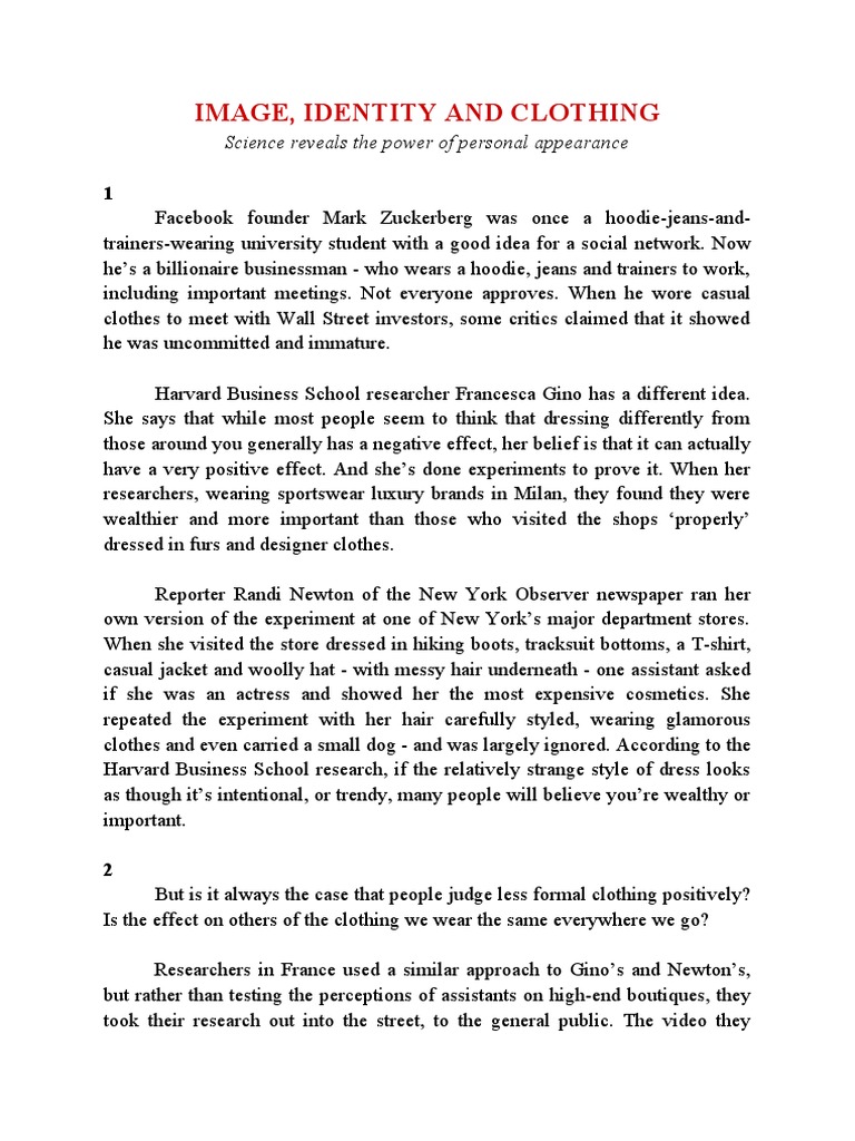 Image Identity and Clothing. ESL Handout. PDF Clothing Experiment