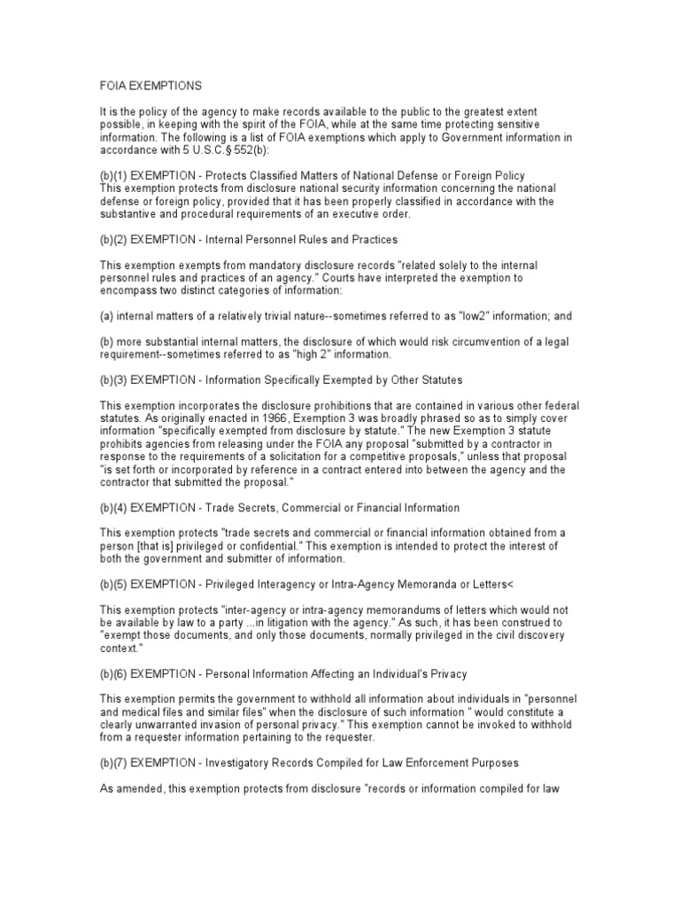 FOIA Exemptions Freedom Of Information Act (United States