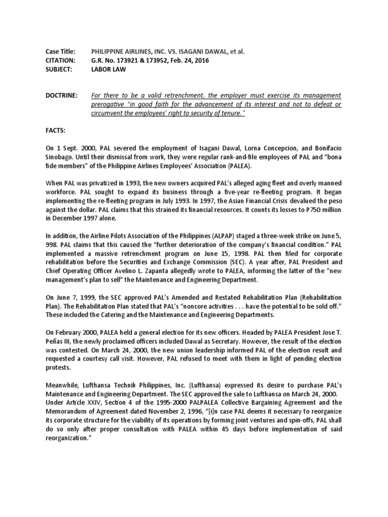Case Digest Pal V Dawal G R No Feb 24 16 Layoff Employment