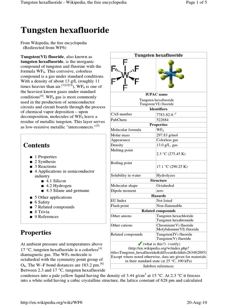 Tungsten Hexafluoride Tungsten (VI) Fluoride, Also Known As Tungsten