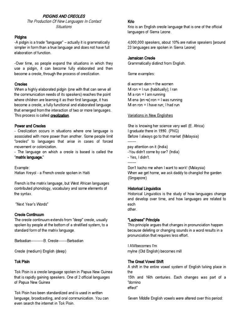 Pidgins And Creoles The Production Of New Languages In Contact