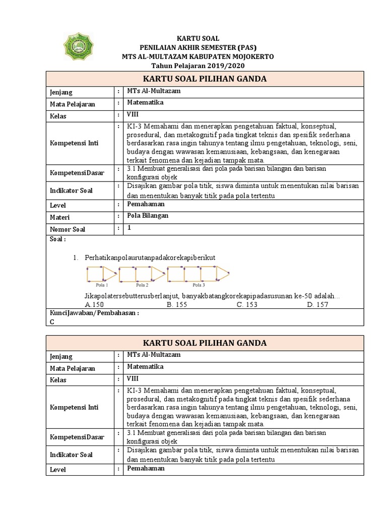 Kartu Soal Pas Matematika Kelas Viii Docx