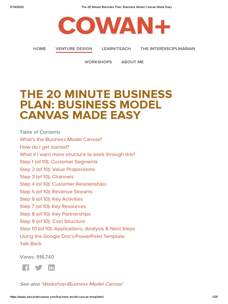 the 20 minute business plan business model canvas made easy