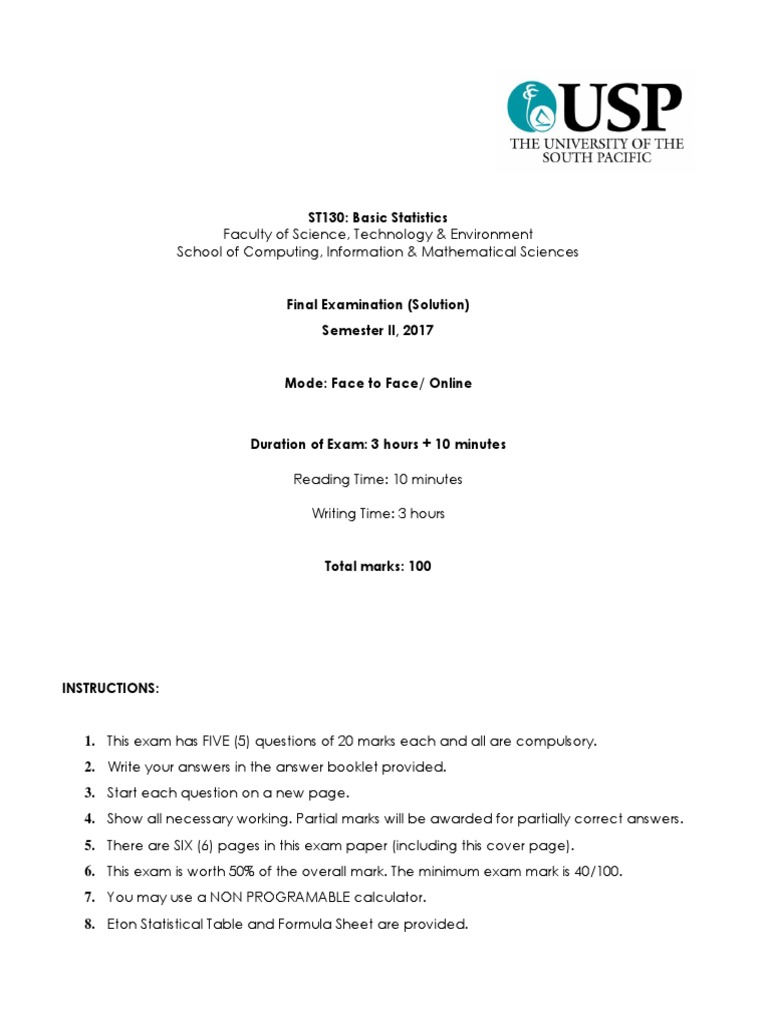 ST130 Basic Statistics Exam Solutions | PDF | Tests | Test (Assessment)