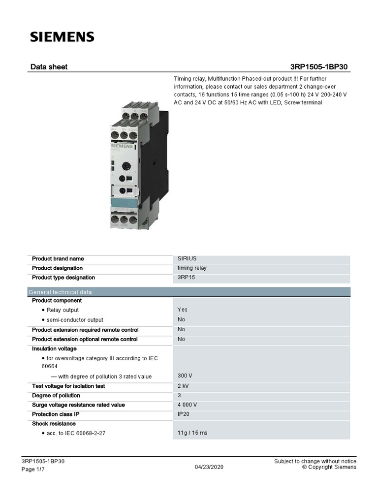 3RP15051BP30 Datasheet en PDF | PDF | Relay | Alternating Current