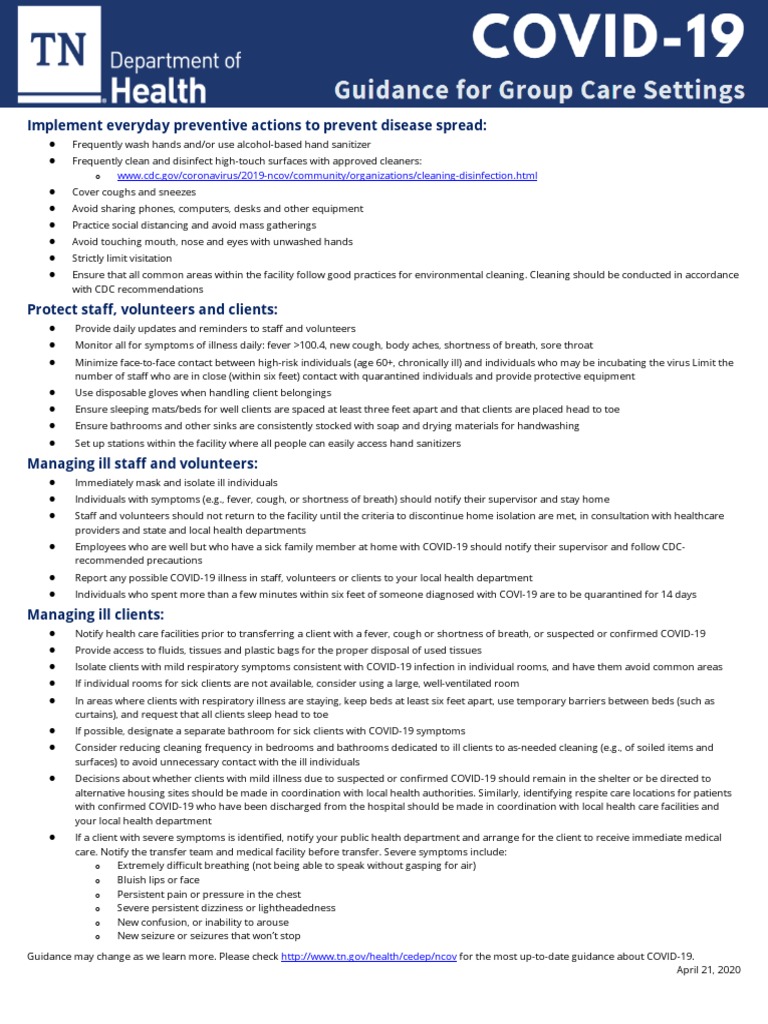 COVID 19 Mitigating Spread in Group Care Settings | PDF | Hand Washing ...