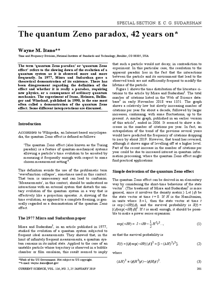 The Quantum Zeno Paradox, 42 Years On : Wayne M. Itano | PDF | Quantum ...