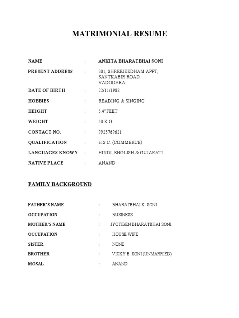 Hindu marriage biodata format image