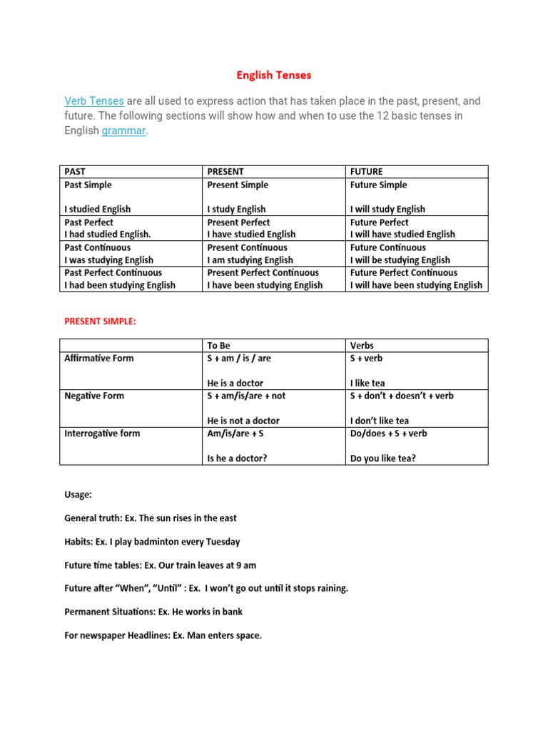 Overview of English Verb Tenses | PDF | Grammatical Tense | Perfect ...