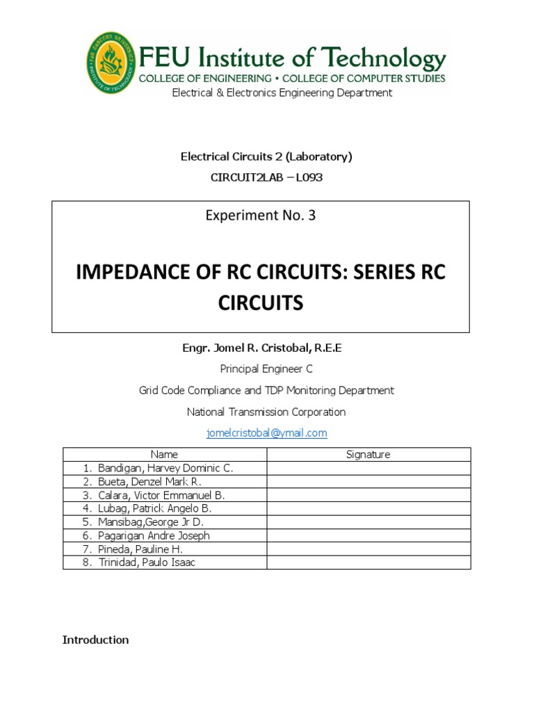 Impedance of RC Circuits: Series RC Circuits: Experiment No. 3 | PDF ...
