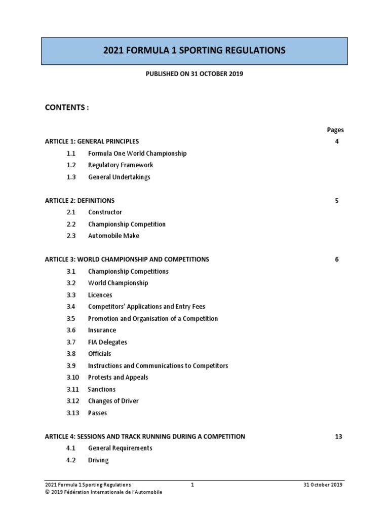 2021 Formula 1 Sporting Regulations 2019 10 31 PDF Formula One