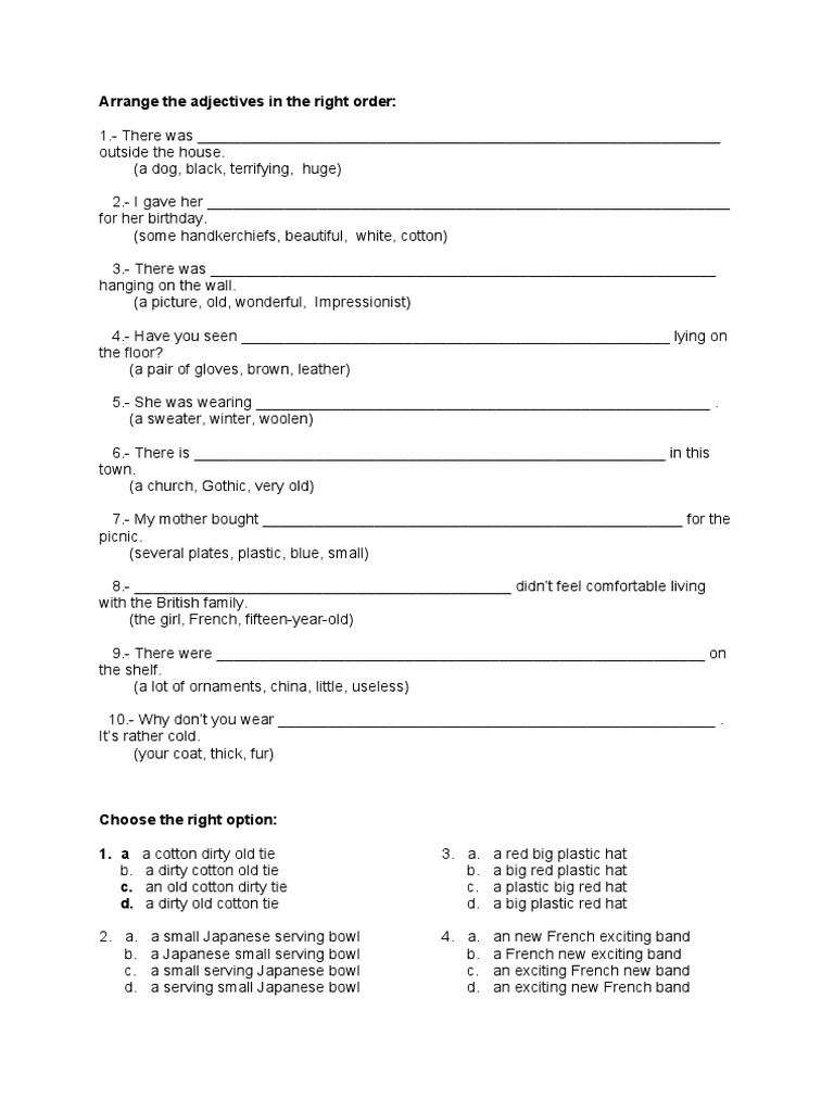 Adjective Order Practice Worksheet | PDF | Fashion | Clothing