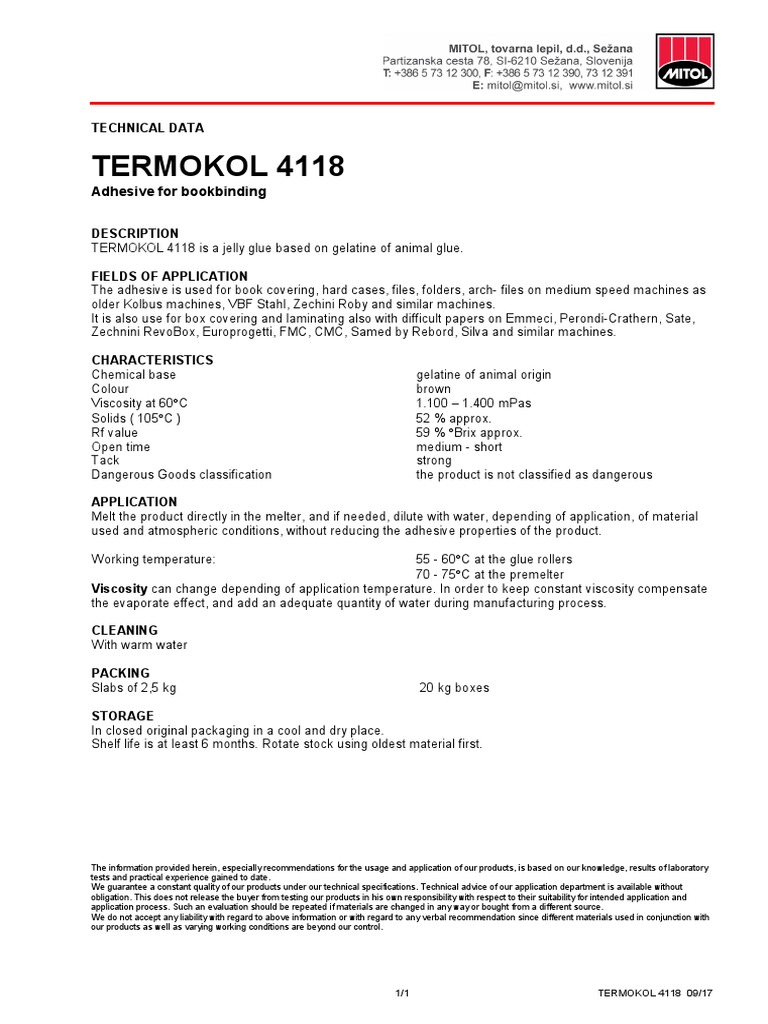 Termokol 4118: Adhesive For Bookbinding | PDF | Adhesive | Gelatin
