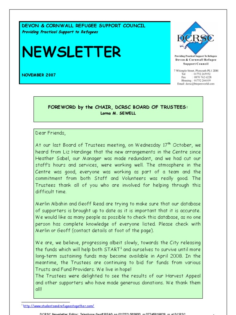 Newsletter: Devon & Cornwall Refugee Support Council | PDF | Refugee ...