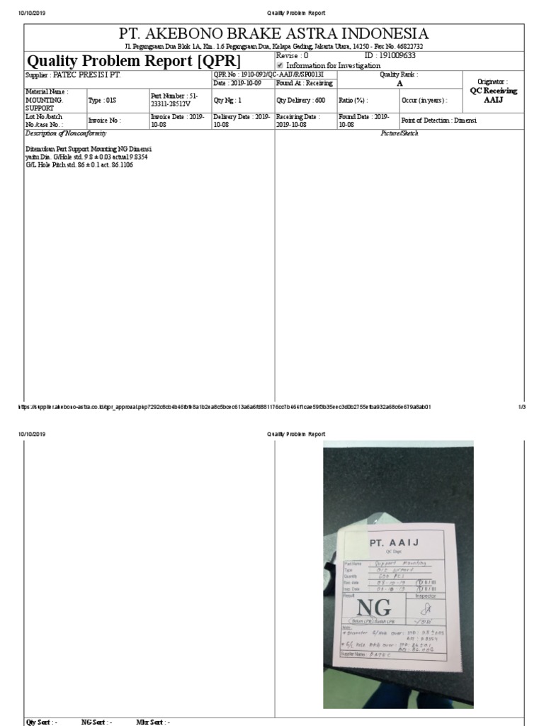 Pt. Akebono Brake Astra Indonesia Quality Problem Report (QPR) | PDF ...